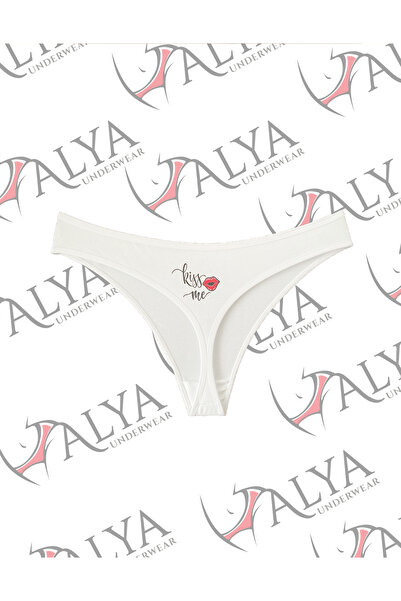 ALYA UNDERWEAR New Year Themed Printed String, White Thong Panties (Kiss Me Printed) Single Pack
