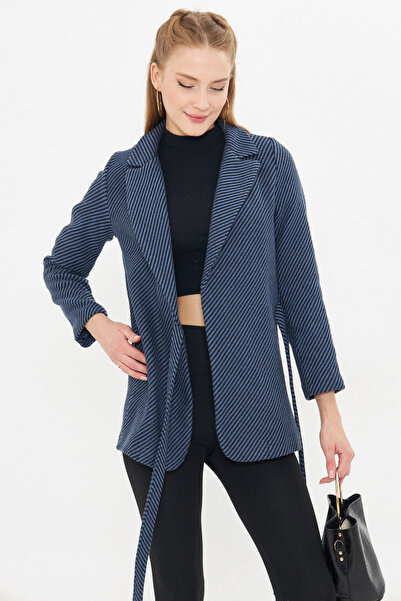 armonika Női sötétkék oldalsó megkötős csíkos kasmír dzseki ARM-25K 001073
