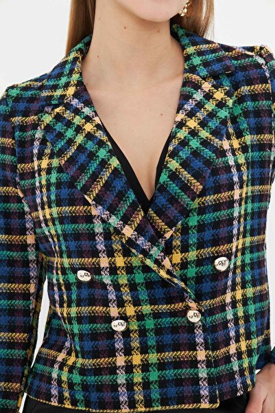 armonika Women's Mustard Double Breasted Collar Tweed Crop Jacket ARM-24K001014