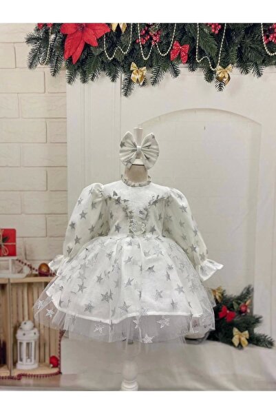 Nissa Beyaz Yıldızlı Kız Çocuk Elbisesi