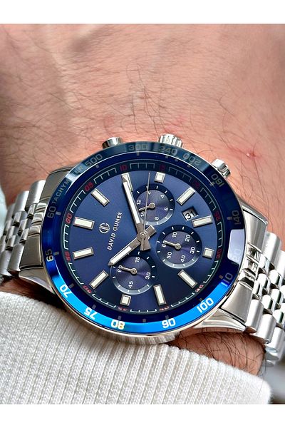 DAVID GUNER Function Silver-Navy Color Steel Band Men's Wrist Watch 8666A3