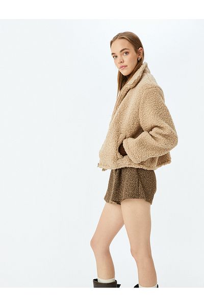 Koton Stand Collar Pocket Detailed Zippered Plush Jacket
