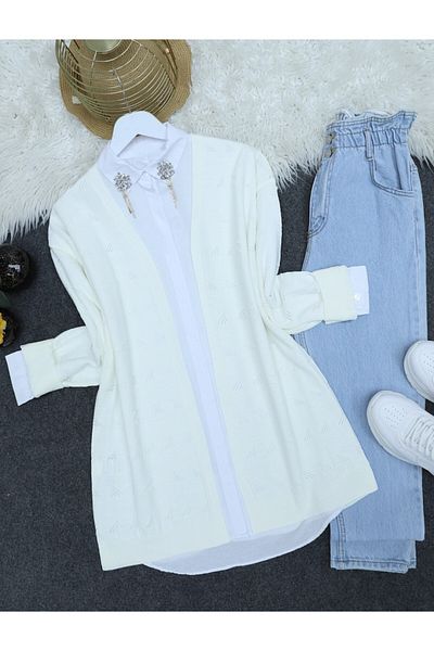Modamorfo White Openwork Araboy Knitwear Cardigan