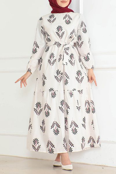 TOFİSA Straight Medium Women's Ecru Print Drawstring Dress - 26623