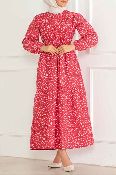 TOFİSA Straight Medium Women's Red Print Sleeve Drawstring Dress - 26623