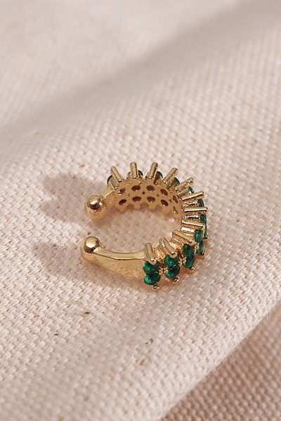 Süspüs Accessories Two Rows Green Stone Single Compression Gold Cartilage Earrings