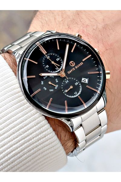 DAVID GUNER Function Silver-Black Color Steel Band Men's Wrist Watch 8229B