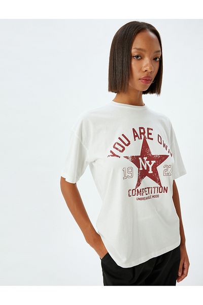 Koton College Printed Oversize Βαμβακερό T-Shirt - Crew Neck, κοντό μανίκι