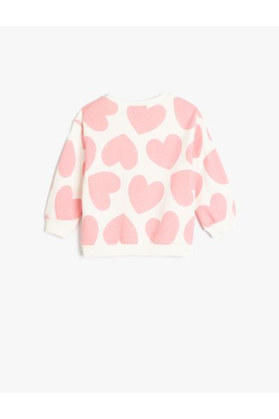 Koton Heart Printed Cotton Sweatshirt - Long Sleeve, Crew Neck
