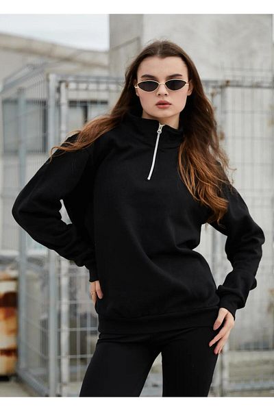 woonkey Women's Half Zipper Black Sweatshirt