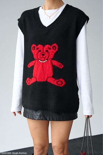 Lupies Women's Black V-Neck Teddy Bear Stone Sweater