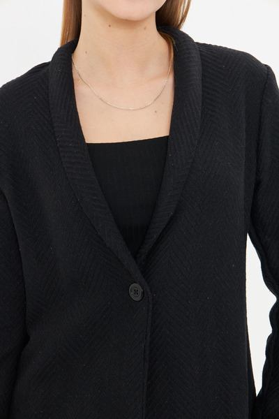 armonika Women's Black Herringbone Pattern Sleeve Folded Single Button Stamp Jacket ARM-24K001066