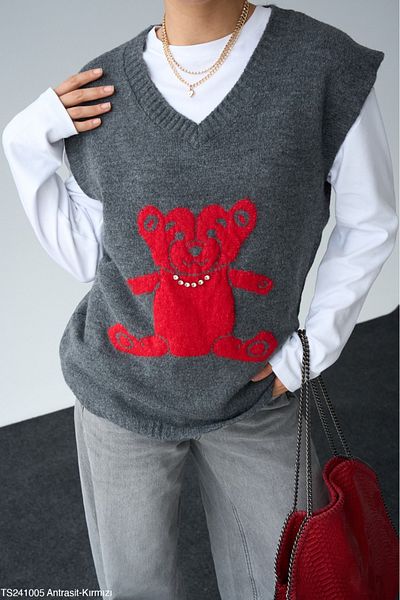 Lupies Women's Gray V-Neck Teddy Bear Stone Sweater