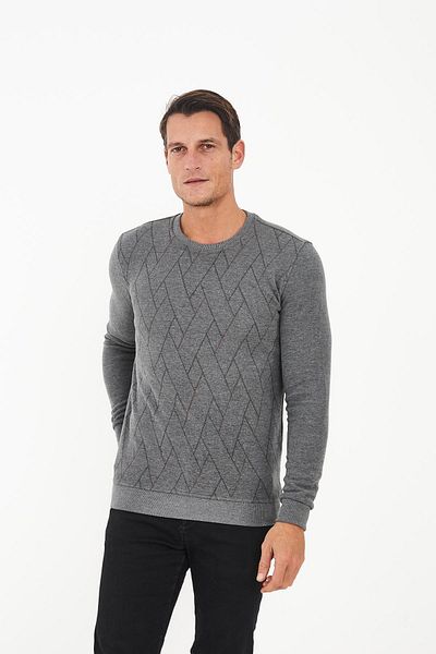 Maccali Men's Neoflex Crew Neck Print Long Basic Gray Sweatshirt
