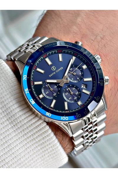 DAVID GUNER Function Silver-Navy Color Steel Band Men's Wrist Watch 8666A3