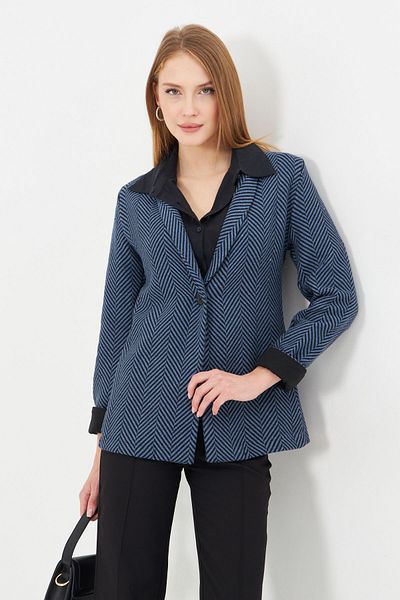 armonika Jachetă pentru femei, albastru închis, cu model de pește, cu mânecă, cu un singur buton, ștampilă ARM-24K001066