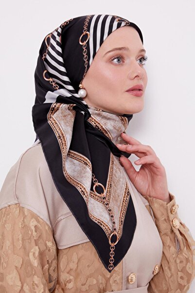 Levidor Siyah Çizgili Twill Ipek Eşarp
