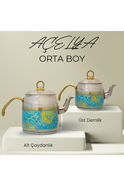 Pegasus Orta Açelya Turkuaz Desenli Altın Kulp Çaydanlık Takımı