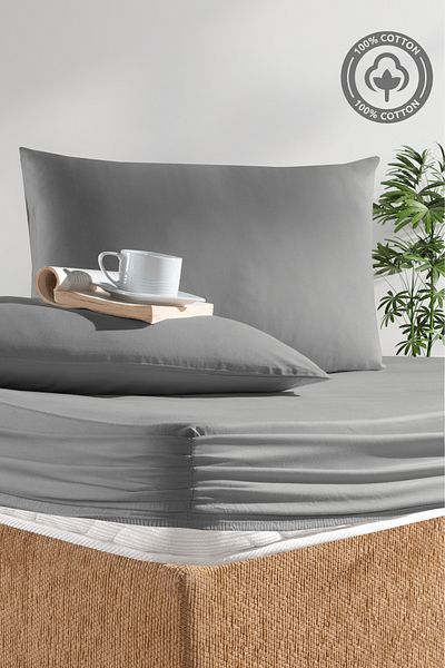 CEMETEKS FİRUZE 100% Cotton Grey Single Ranforce Fabric Fitted Sheet Pillowcases Set /100X200/120X200/