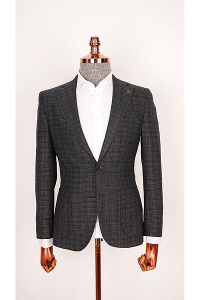 Suit Sartoria Men's Slim Fit Gray Plaid Navy Blue Jacket