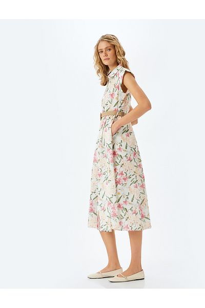Koton Rochie Midi Floral cu guler cămașă - Cu buzunare și curea