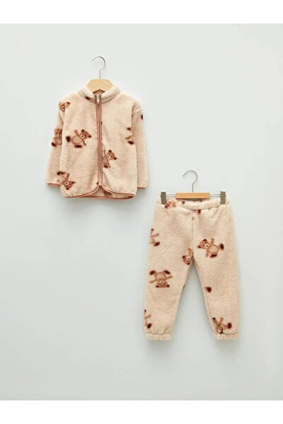 LC Waikiki LCW baby Ekru Dik Yaka Desenli Pelüş Kız Bebek Fermuarlı Sweatshirt ve Pantolon 2'li Takım