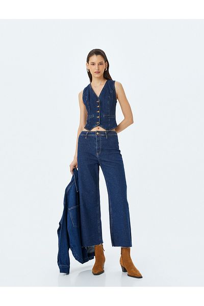 Koton Wide Cut-Out Leg Buttoned Regular Waist Jeans - Culotte Jean