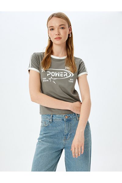 Koton Slogan Printed Crew Neck Short Sleeve Trim Slim Fit T-Shirt