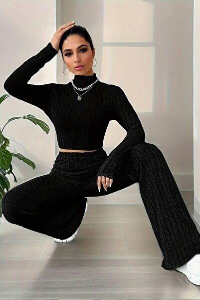 Deafox Black Long Sleeve Turtleneck Crop and Trousers Raised Camisole Double Set