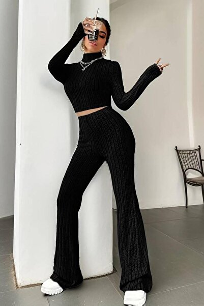Deafox Black Long Sleeve Turtleneck Crop and Trousers Raised Camisole Double Set