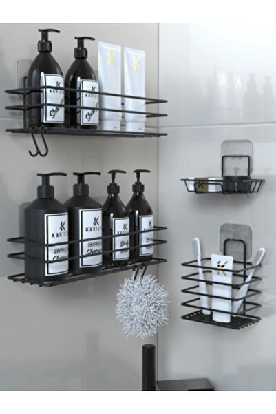 BUSEMSİ HOME Yapışkanlı Siyah Metal Banyo Rafı 4lü Düzenleyici Set Banyo Seti...