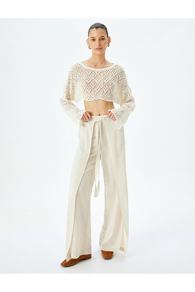 Koton High Waist Double Breasted Detailed Side Slit Linen Blend Trousers
