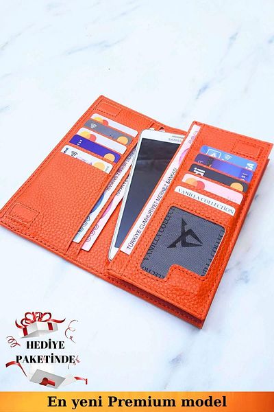 VANİLLA COLLECTİON Unisex Orange Wallet with Phone Compartment, Magnet and Hand Tape, Large Portfolio Handbag
