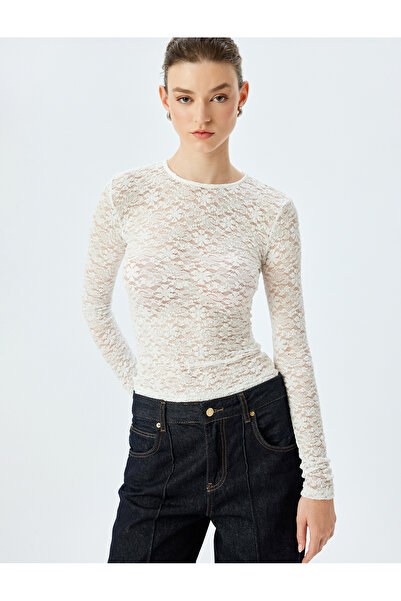 Koton Bluză din dantelă semi-transparentă cu mânecă lungă, slim fit