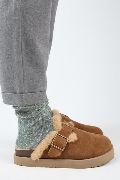 Manijero (Zeta 2 Furry Platform) Women's Genuine Leather Belted Buckle Sabo Tan Slippers