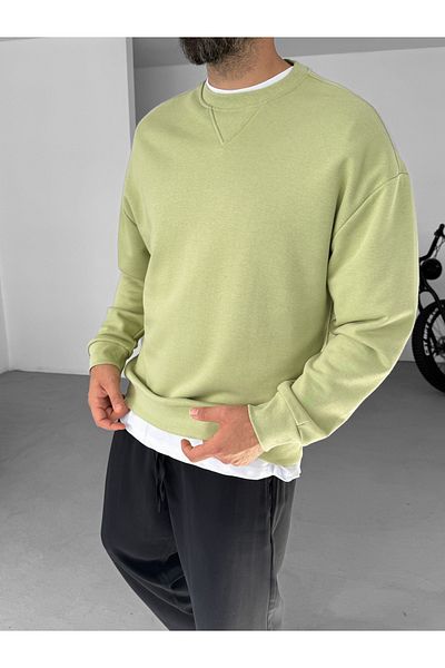 BYBASICMAN Pistachio Green V Stitch Basic Sweatshirt Ke-418