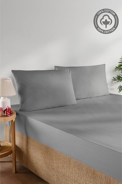 CEMETEKS FİRUZE 100% Cotton Grey Single Ranforce Fabric Fitted Sheet Pillowcases Set /100X200/120X200/