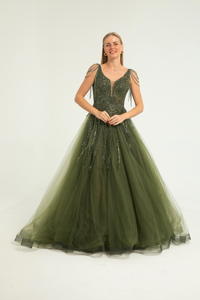 Hüseyin Baştürk Tül ve Taş Detaylı Prenses Elbise