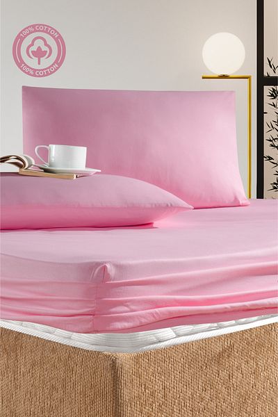CEMETEKS FİRUZE 100% Cotton Pink Single Ranforce Fabric Fitted Sheet Pillowcases Set /100X200/120X200/