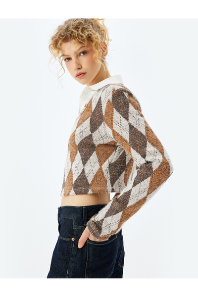 Koton Καρό μακρυμάνικο μπλουζάκι με λαιμόκοψη V