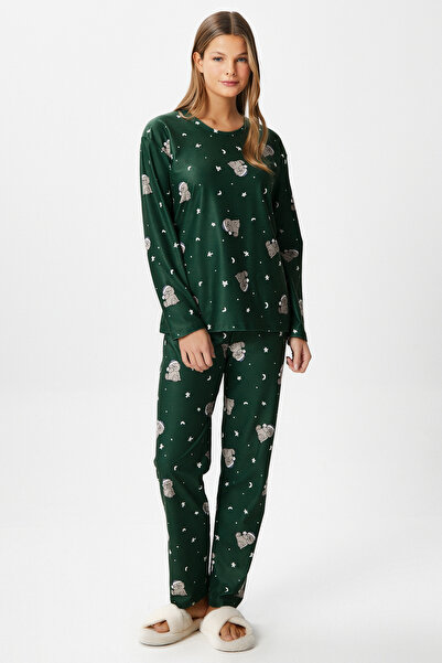 Ritnice Kadın Ely Premium Bisiklet Yaka Yeşil Ayıcık Süet Doku Yılbaşı Pijama Takımı