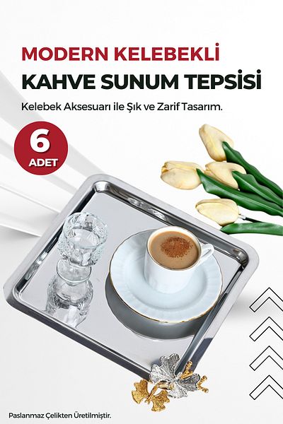 FİTHOME Square Stainless Steel Coffee Presentation Tray with 6 Butterfly Accessories