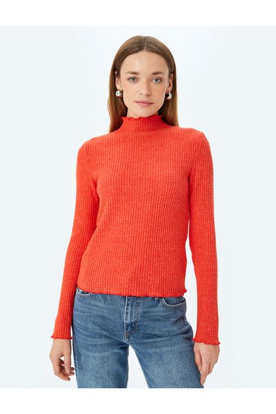 Koton Long Sleeve Textured Ruffled Stand Collar T-Shirt