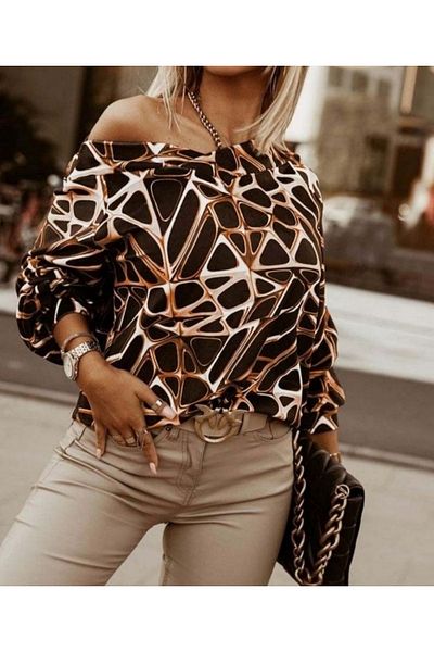 REKA MODA Women's Long Sleeve V-Neck Off-Shoulder Geometric Pattern Wrapped Diver Blouse