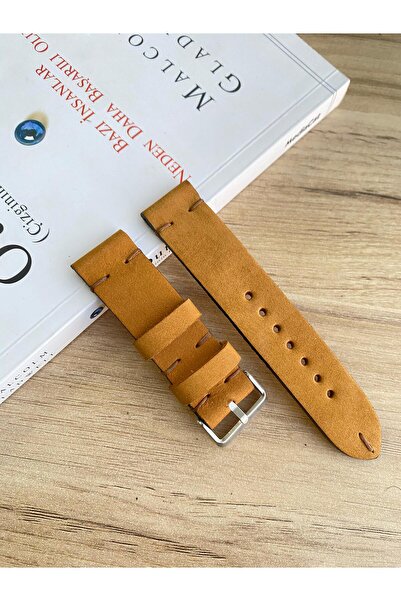 Prizma El Dikişi Hardal Sarısı Süet Gerçek Deri Saat Kordonu Kahve Dikiş İpi....