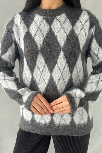 Seda Yalçın Atelier Gray Crew Neck Diamond Patterned Sweater
