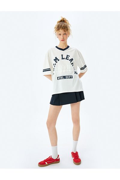 Koton College Printed Cotton V-Neck Oversize Ribbed T-Shirt