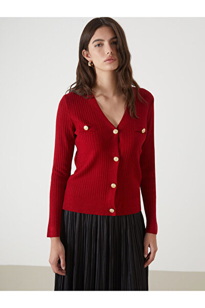 LC Waikiki Lcwaikiki Classic Red V-Neck Women's Knitwear Cardigan