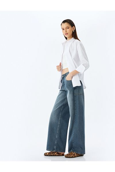 Koton Wide Leg Comfortable Fit Buttons Jeans with Pockets - Loose Fit Jeans
