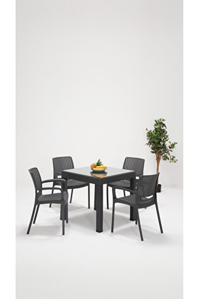 MOBETTO Home 4 Kişilik Rattan Camlı Lüx Bahçe Masa Takımı Antrasit